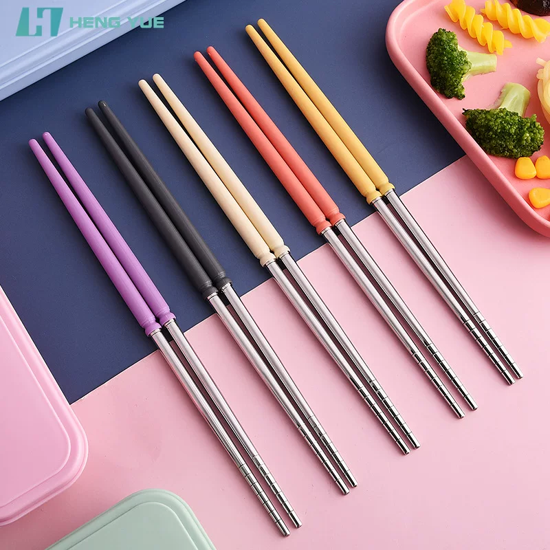 Handle stainless steel, chopsticks for students, handheld plastic tableware, gift box, Birthday gift