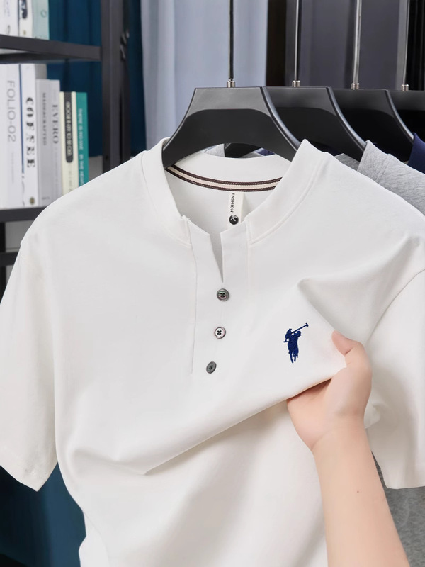 夏の小さなスタンドカラーファッショナブルでシンプルなメンズ半袖Tシャツデザインカジュアル純綿多用途カラーナショナルトレンド半袖トップ|undefined