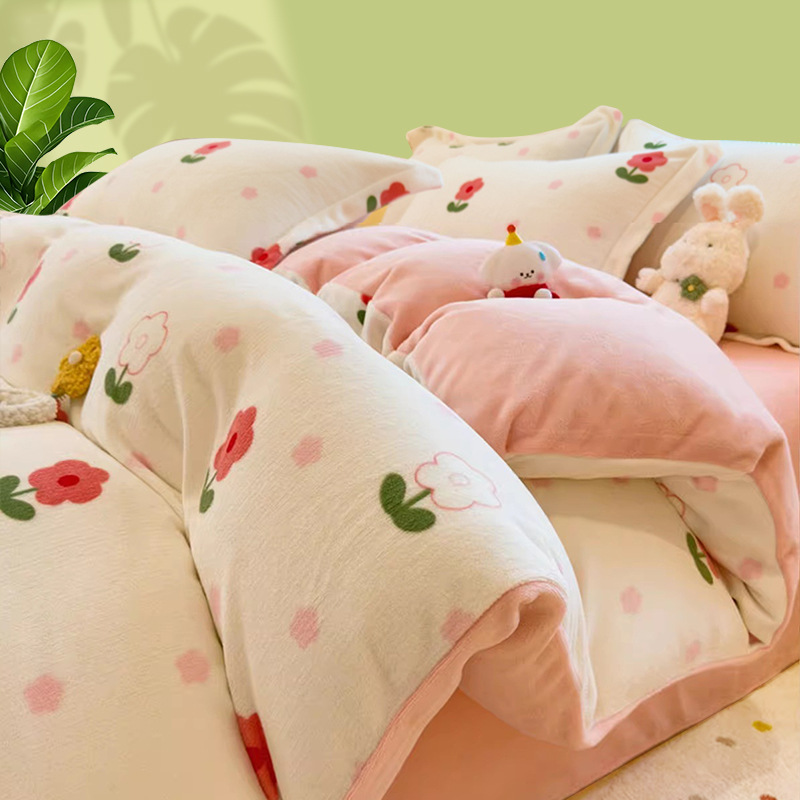 2026 nuevo invierno engrosado leche de lana de coral sábanas de lana de cama cubierta ropa de cama de dormitorio de tres piezas