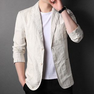 Flat barge collar two single-breasted back slit thin slim fit 100% linen men's jacket casual suit