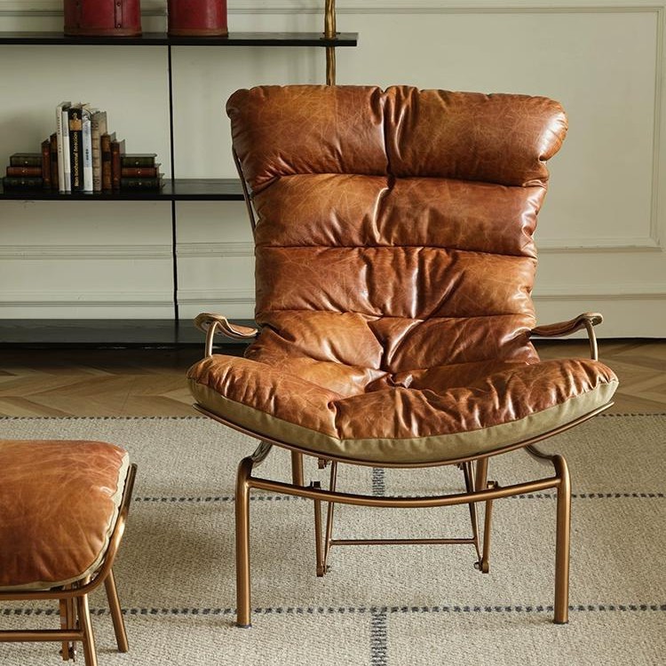 Mecedora de cuero vintage, sofá de piel de cera de aceite, sofá de metal de lujo ligero, estilo antiguo simple, sala de estar, balcón, sillón relajado