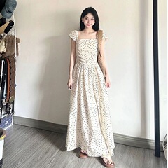 フレンチスクエアカラーオフホワイトガーリードレスレディース夏新作スリムフェアリードットロングスカート