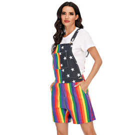 2021wish独立站欧美新款跨境美国星星彩虹情侣背带裤工作服短裤女