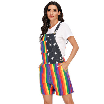 2021wish independent station European and American new cross-border American star rainbow couple suspender overalls shorts women