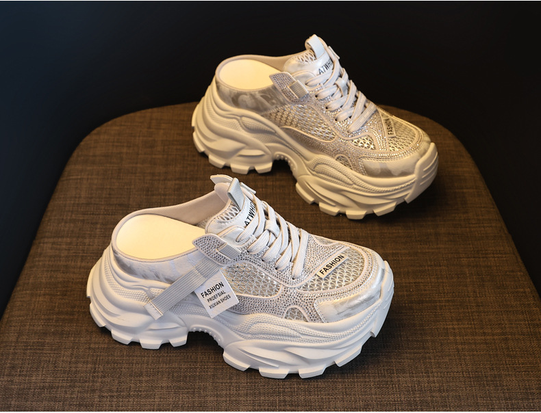 Giày sneaker nữ đế dày lưới thoáng khí mũi trùm đính đá phong cách giày bố — màu trắng ngà, bạc chi tiết 5
