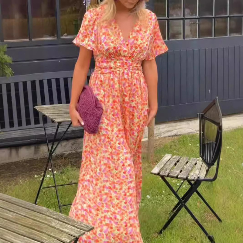 2024 new women's elegant printed waist V-neck dress