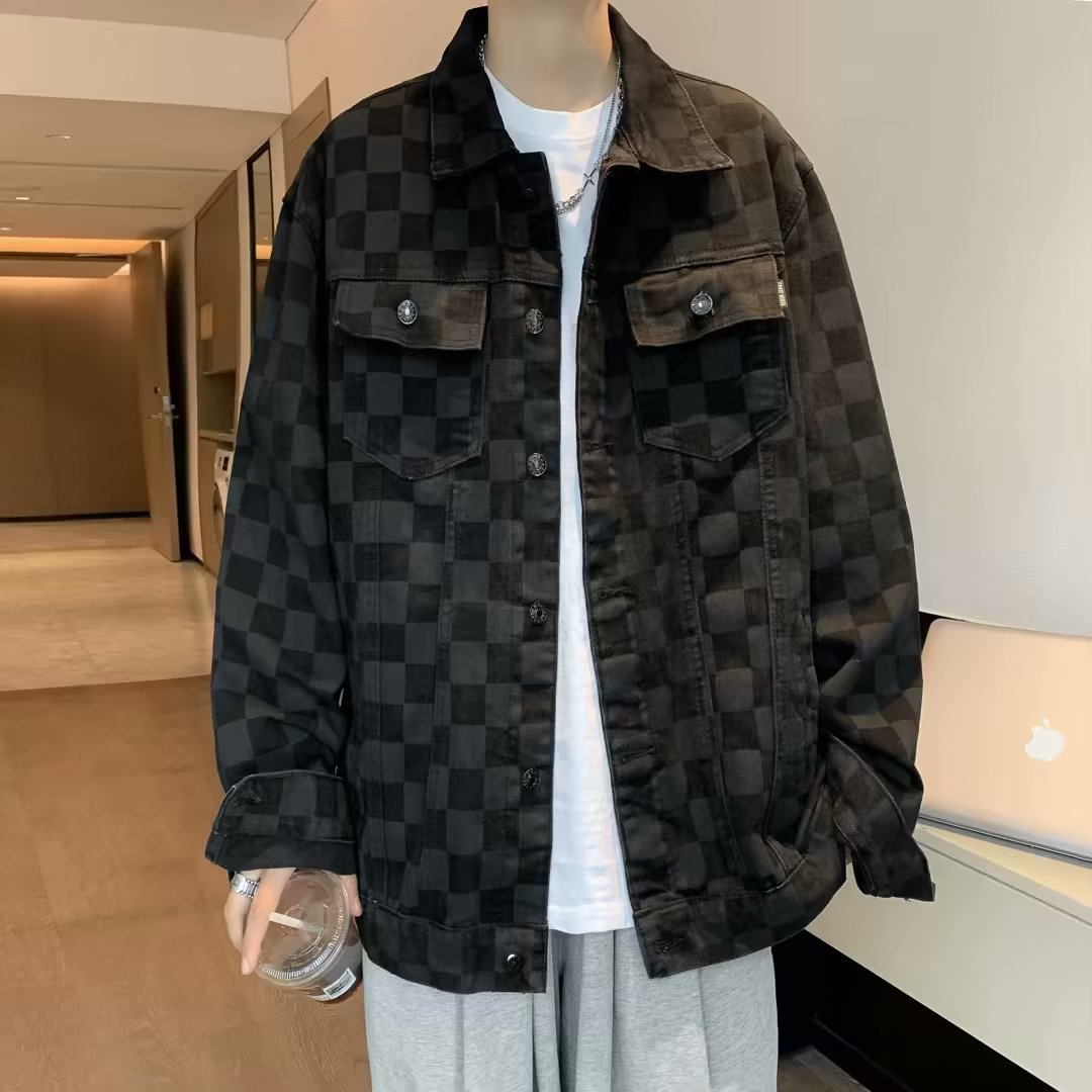 Automne nouvelle marque de mode hommes échiquier manteau à carreaux Plaid Denim manteau revers manches longues imprimé veste de travail