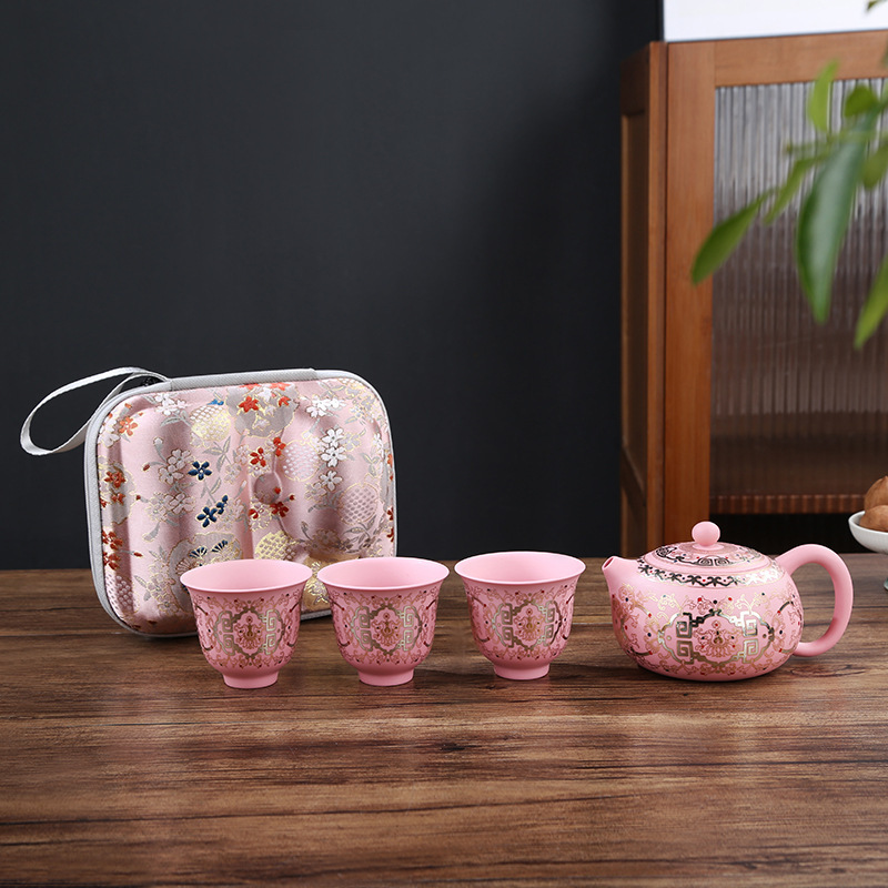 金と銀の紫砂トラベルティーセットポータブルティーセット1ポット3カップキャリーバッグセットトラベルティーカップティーポット|undefined