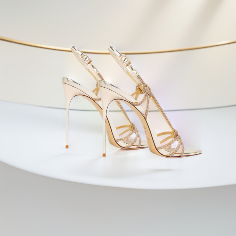 Light Gold Fashion Sandals with Diamonds, Summer New Stiletto High Heels, Strappy Outer Wear, New Style, Women's Medium Heels
