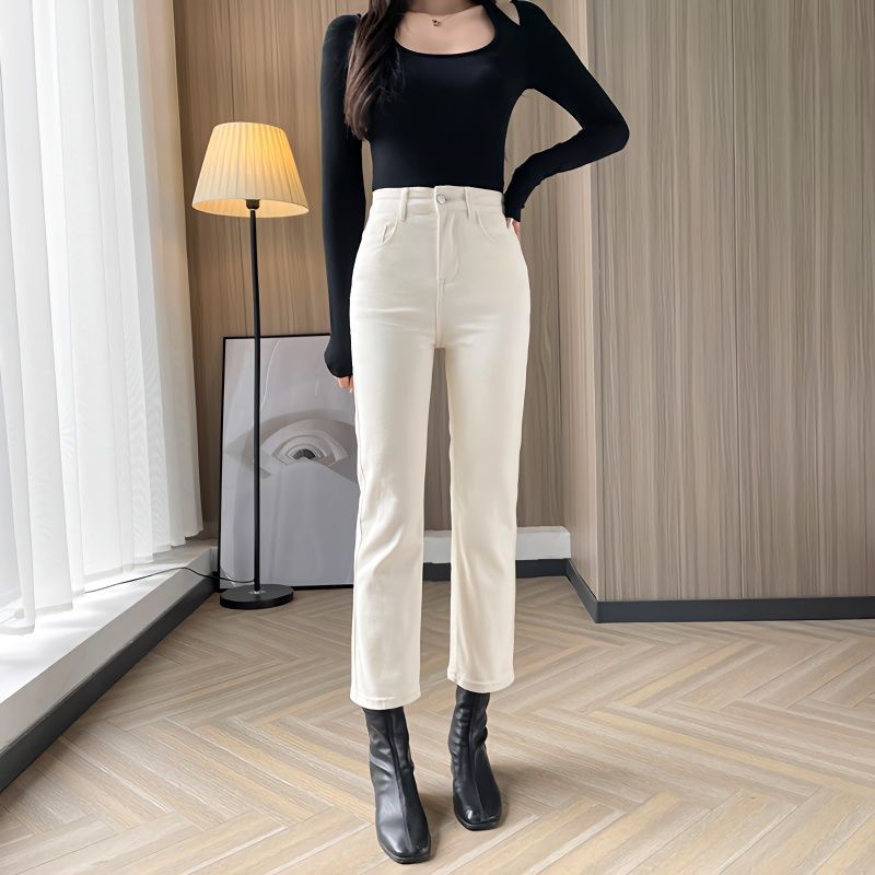 Autumn and winter cashmere beige jeans women's stretch straight leg loose slim high waisted nine minute small smoke pipe pants