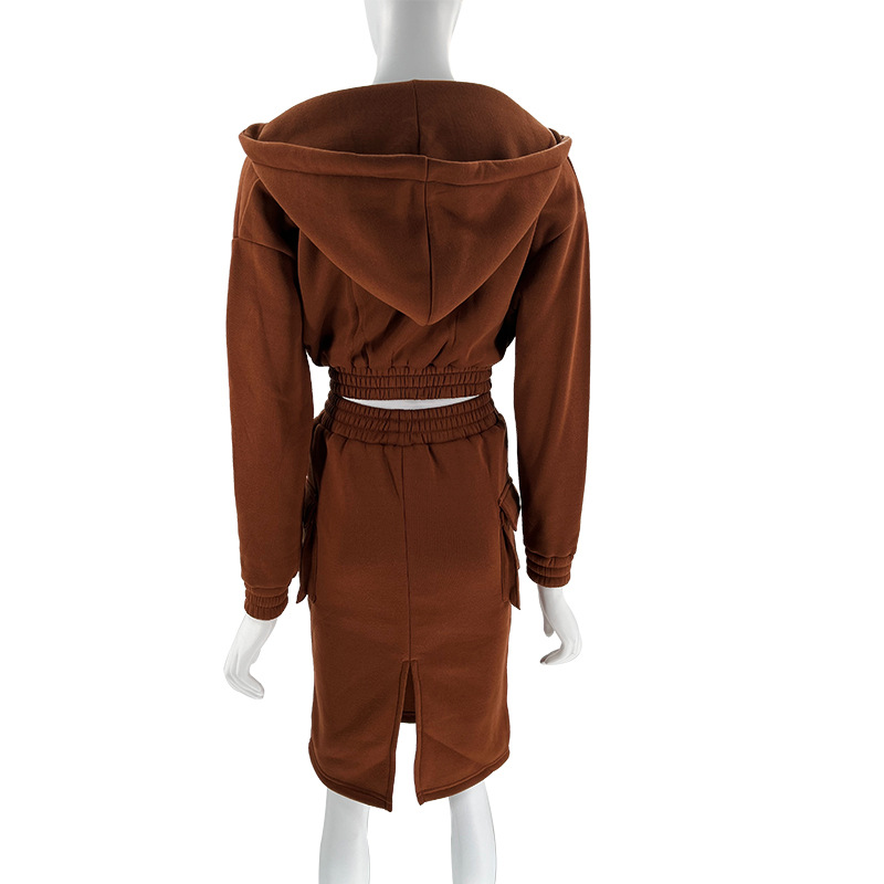 Women's Skirt Suit V Neck Hooded Solid Colour Long Sleeve Set_voghion.com