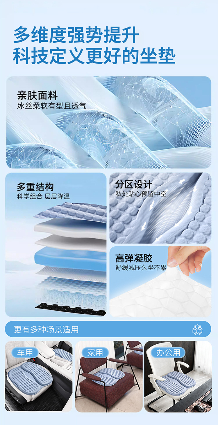 Customizable Gel Seat Cushion, Ice Pad, Height-Increasing Seat Cushion, Office Chair Cushion, Car Heat Insulation Cushion, Universal for All Seasons, Honeycomb Design