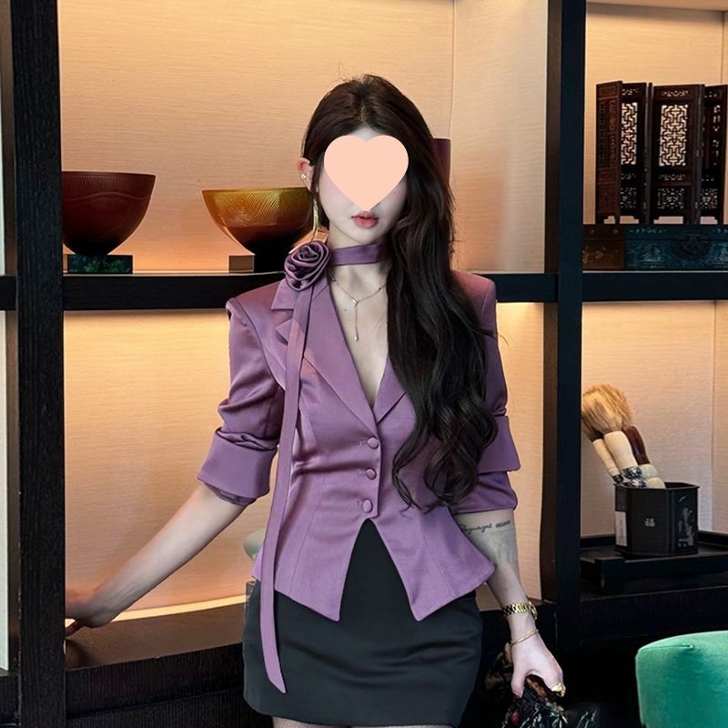 感辣妹紫色气质缎面小西装女秋季新款百搭包臀短裙子两件套装|undefined