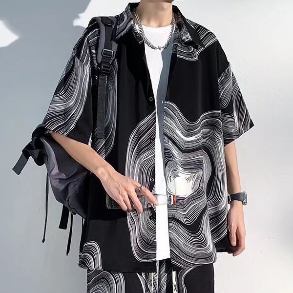 하와이 잉크 패턴 해변 세트 남성 여름 아이스 실크 타이-염료 물 리플 커플 꽃 셔츠 짧은 소매 바지