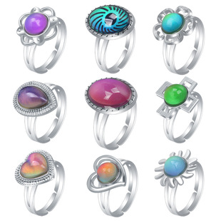 Factory European and American fashion charm female exaggerated retro gem temperature sensitive discoloration ring opening adjustment