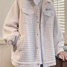 跨境男装秋季编织格子小香风夹克男宽松韩版时尚ins气质网红短款