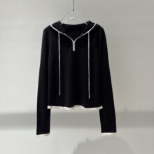 2025秋季新款女装气质百搭连帽抽绳撞色假两件针织衫上衣 804129
