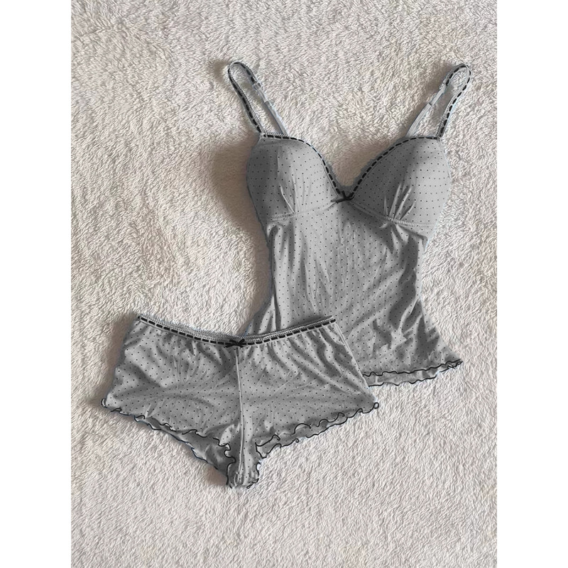 Hot Girls Sexy Wave Dot Sling Pajamas Women's Summer 2025 New High-grade Grey Pure Lace Home Clothes Two-piece Set