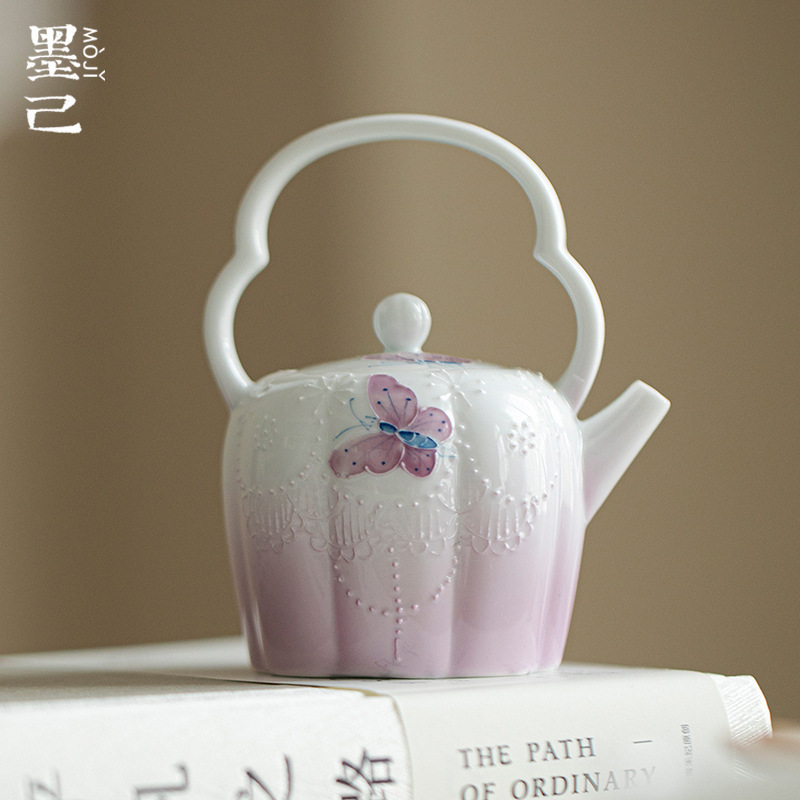 唐宋玉泥手绘有田烧蝴蝶渐变紫提梁壶功夫茶具球孔过滤陶瓷茶壶