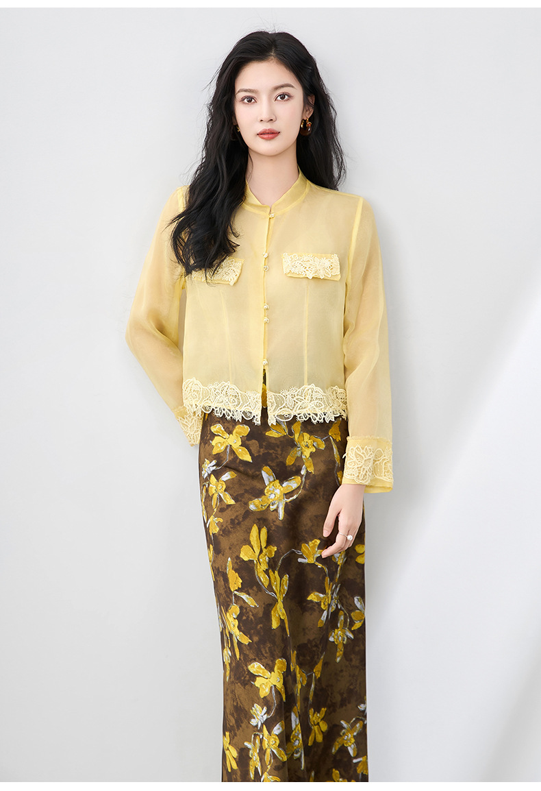 Áo sơ mi dài tay lụa organza cao cấp kiểu Trung Quốc mới mùa hè — Màu đen chi tiết 26