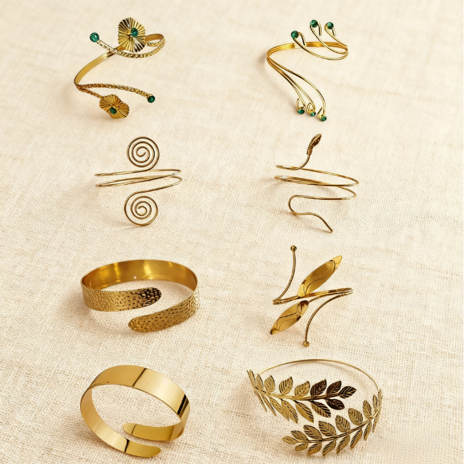 Adjustable Open Arm Bracelet Baroque Retro Embossed Metal Arm Ring Leaf Fashion Hot-Selling Jade Gold Bracelet