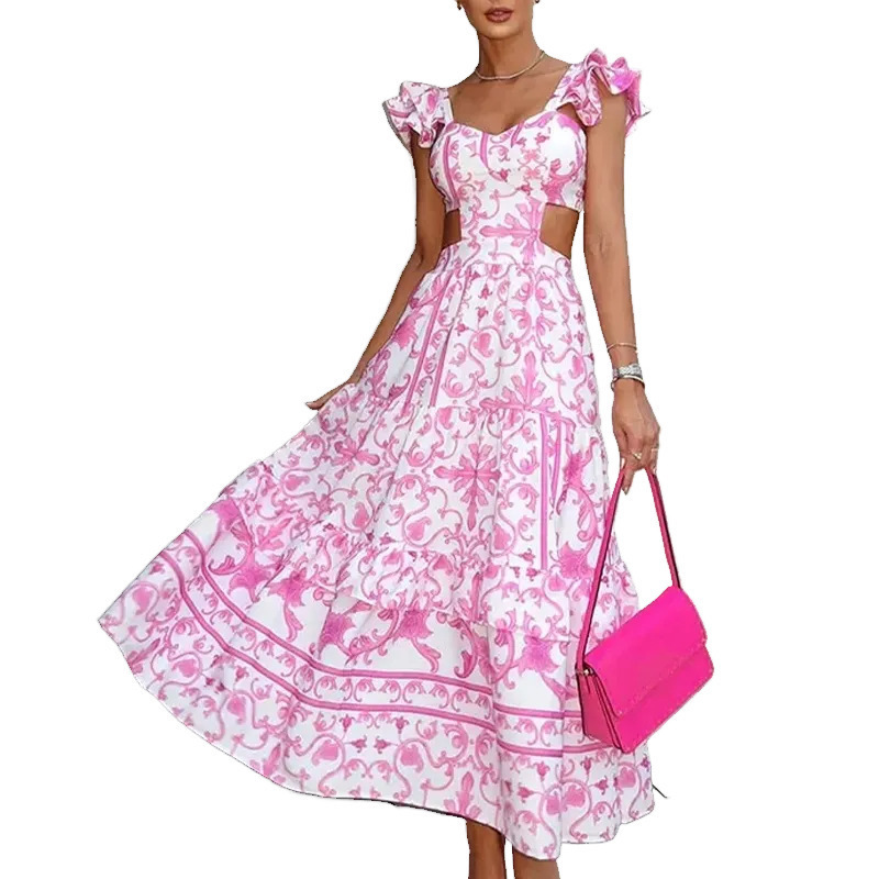 2025 Summer Independent Station Cross-Border New Shoulder Pad Printed Women's Elegant Elegant Cut Out Maxi Dress 2025 Summer Independent Station Cross-Border New Shoulder Pad Printed Women's Elegant Elegant Cut Out Maxi Dress