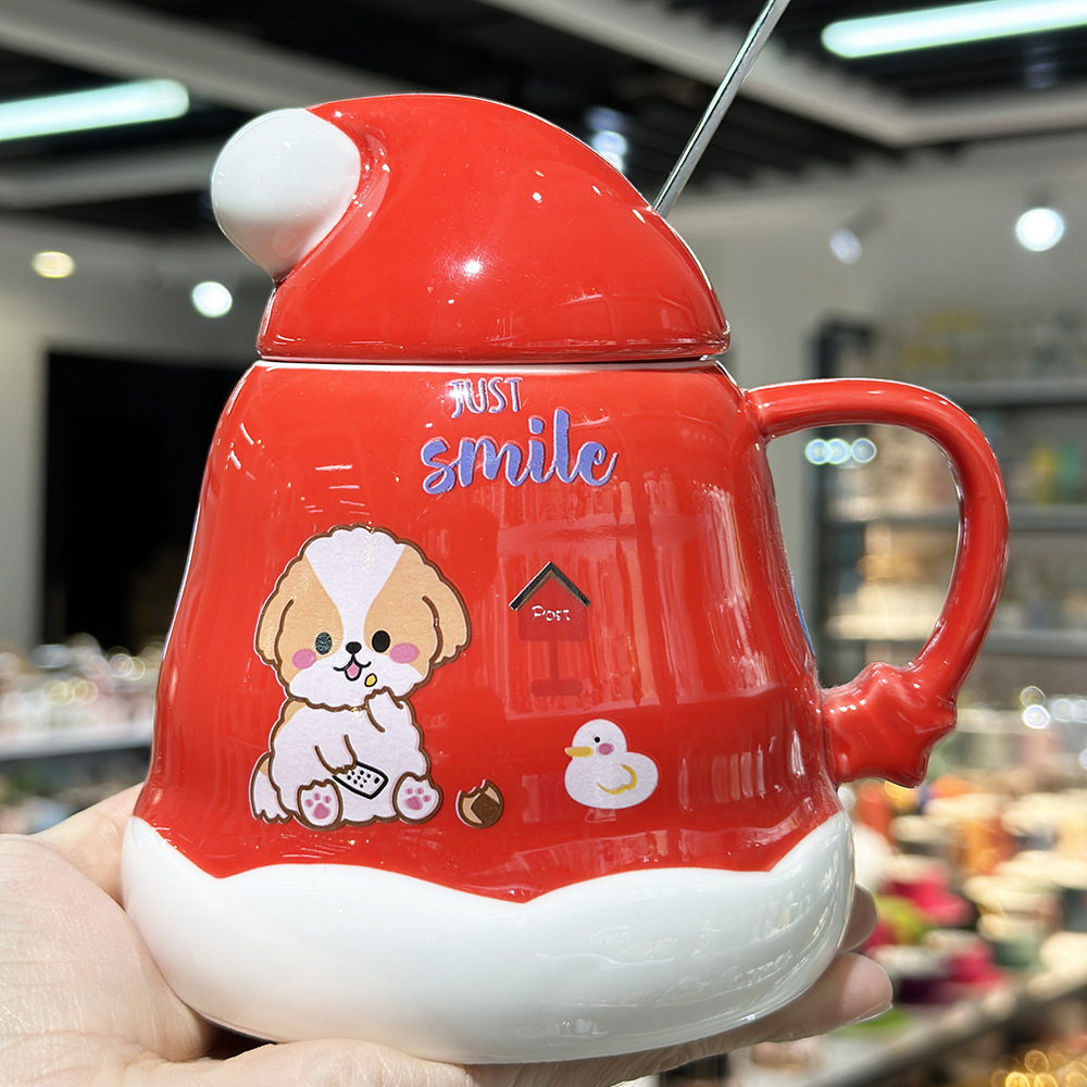 Caricatura encantadora cachorro taza de cerámica de Navidad regalo de Navidad taza de agua doméstica taza de oficina taza con cubierta cuchara