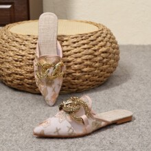 跨境外贸刺绣尖头半拖女鞋轻奢水钻双扣蕾丝穆勒拖鞋外穿平底凉拖