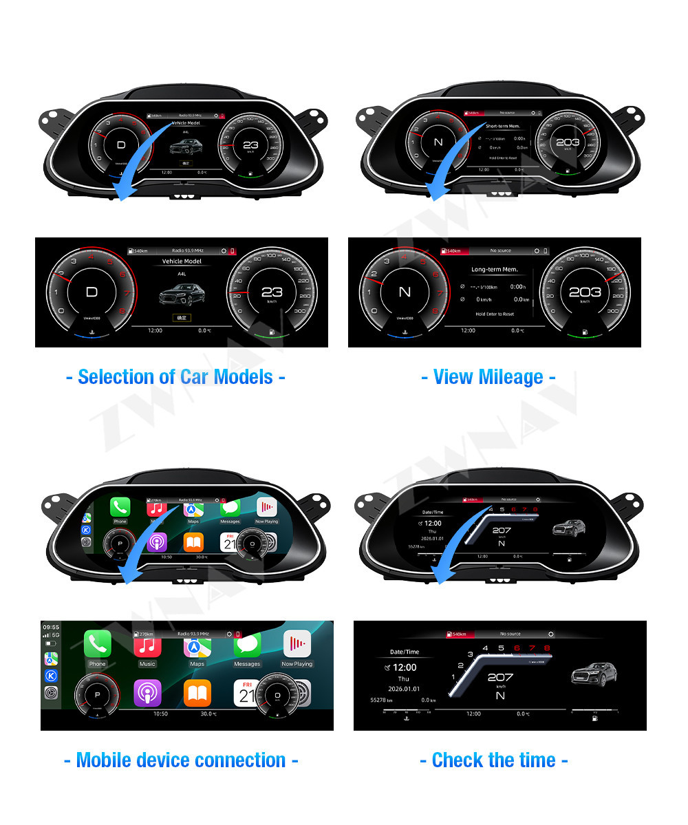Suitable for 2009-2016 Audi A4L models, this is a complete LCD instrument cluster upgrade, featuring a multi-functional car odometer and speedometer