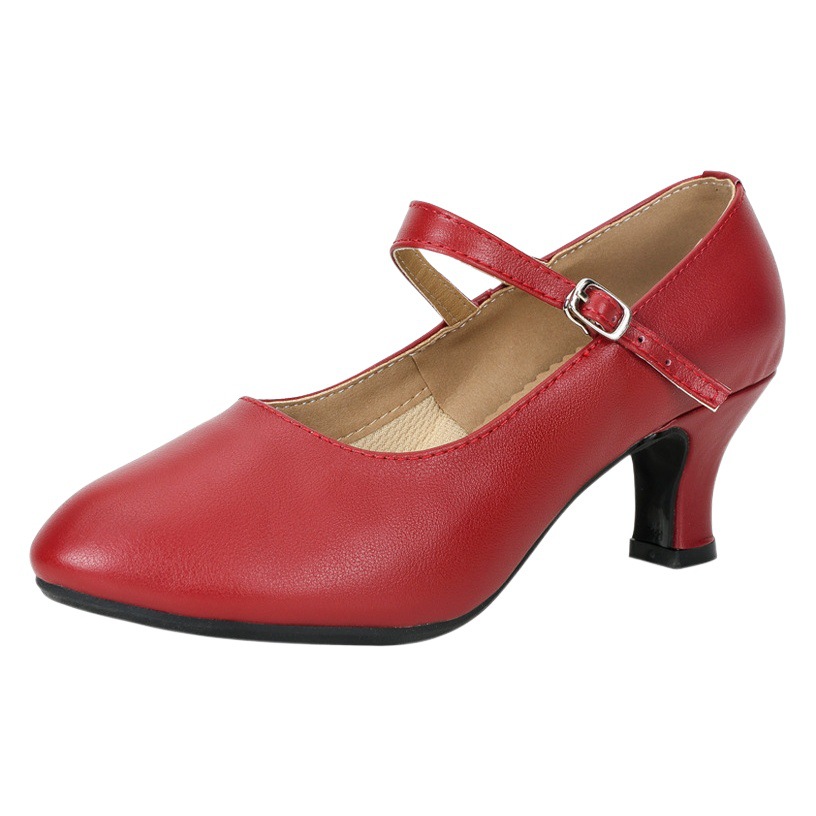 Zapatos de baile latino de cuero genuino para mujer adultos de tacón medio zapatos de baile nuevos zapatos de baile cuadrados de fondo suave zapatos de baile de piel de vaca rojo