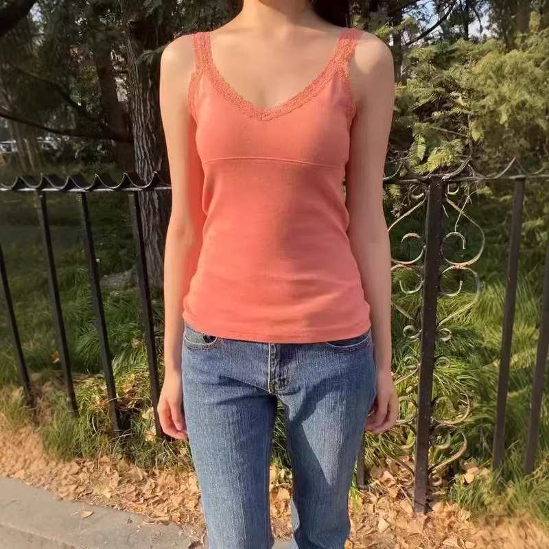 Bm Style New Orange V-Neck Lace-Trimmed Camisole for Women, Slim Fit Inner Top, Serena Summer