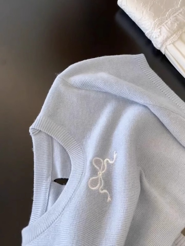 ブルーリボン刺繍薄手ニット半袖Tシャツレディース2025夏新作中空ショルダーシャツトップ|undefined