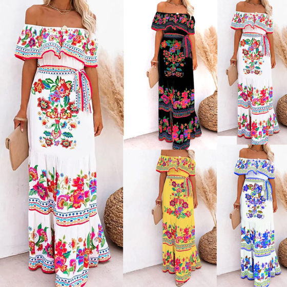 Bohemian Seaside Beach Vacation Casual Printed Chiffon Large Flower Women's Long Large Swing dress