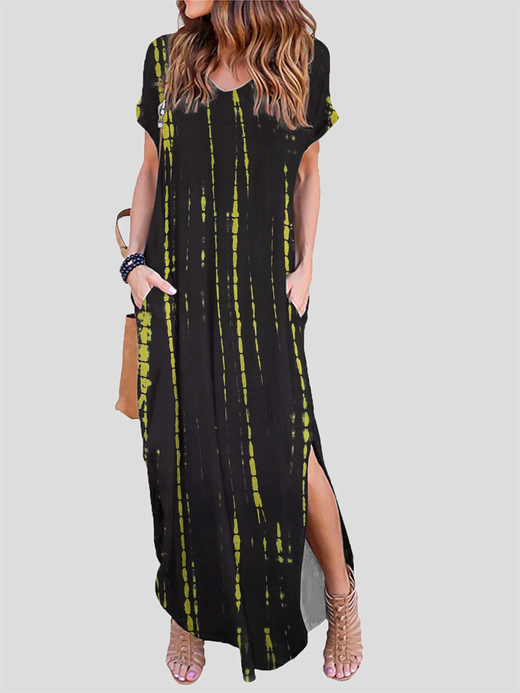 print short sleeve loose slit long Dress NSSRX129104