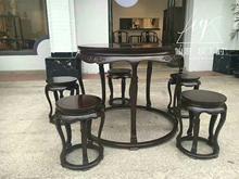 赞比亚血檀明式圆鼓桌六件套圆餐桌休闲桌凳非洲小叶紫檀红木家具