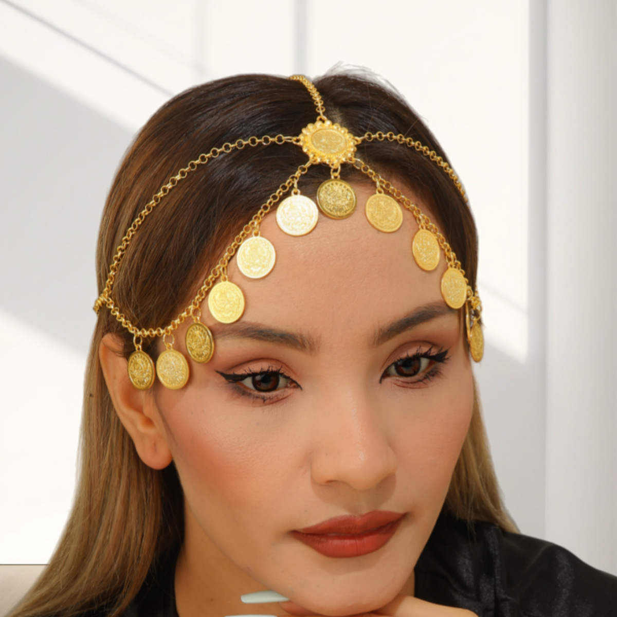 Arabian Bridal Accessories, Gold Coin Tassel Pendant Hair Chain, Exotic Princess Style Dress-Up Head Chain and Headpiece