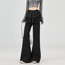 2025新款芭蕾风假两件荷叶边高腰微喇裤女显瘦垂感休闲长裤黑色