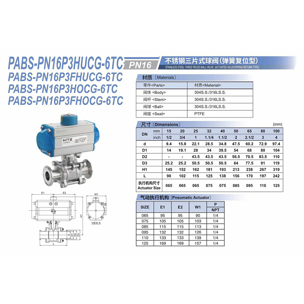 原装 KITZ北泽阀门日本进口    不锈钢三片式球阀PABS-PN16P3HUCG