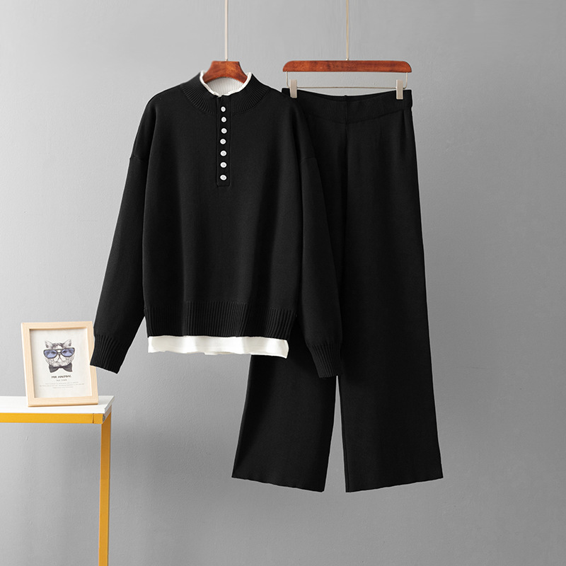 Damen Strick Zweiteiler Set Mit Lockerem Pullover Und Weiter Hose_voghion.com