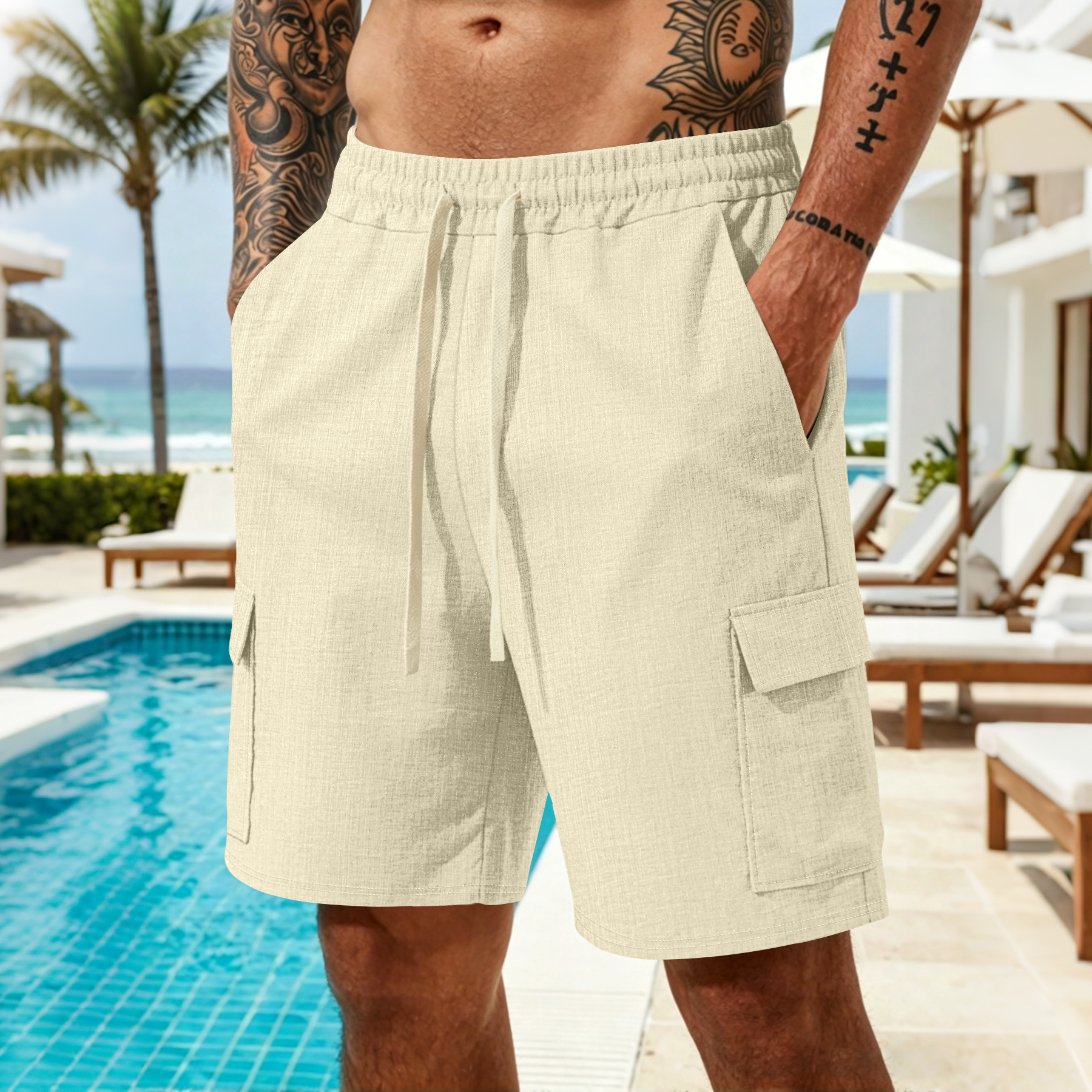 Men's Clothing Men's Retro Multi Pocket Cargo Shorts Casual Loose Fit Drawstring Sports Shorts For Formal & Casual_viptrois.com