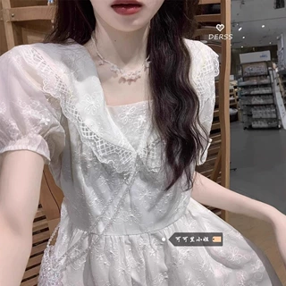 温柔风蕾丝泡泡袖连衣裙女2025夏季新款气质时尚高腰显瘦中长裙潮