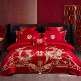 中式龙凤婚庆四件套大红色100S纯棉被套结婚送礼喜被床上用品