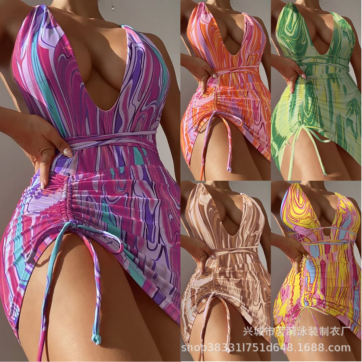 Mingyi nuevo sexy europeo y americano de una sola pieza vestido multicolor rayas impreso moda Bikini de tres piezas traje de baño