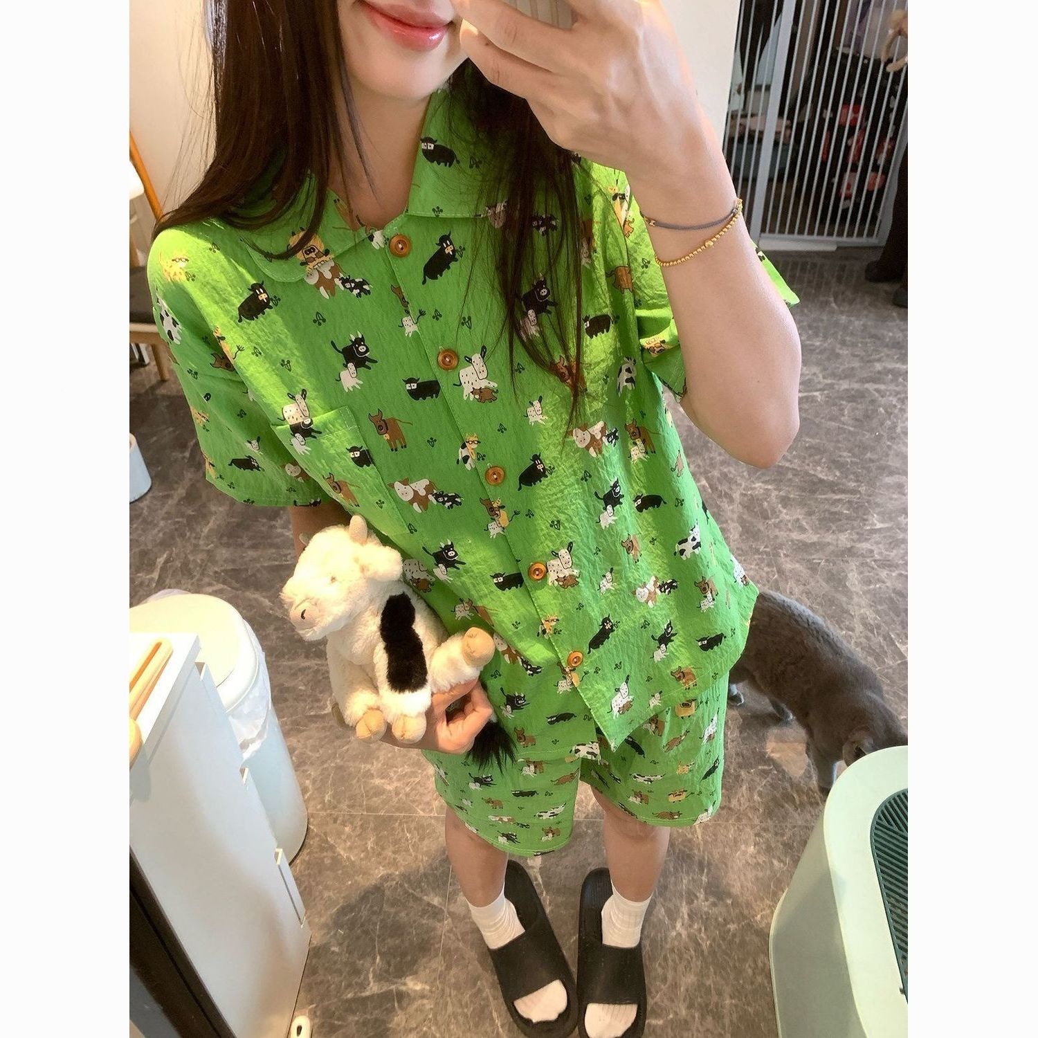 韩版ins夏季新款云朵棉清新绿短袖睡衣女家居服可外穿甜美两件套