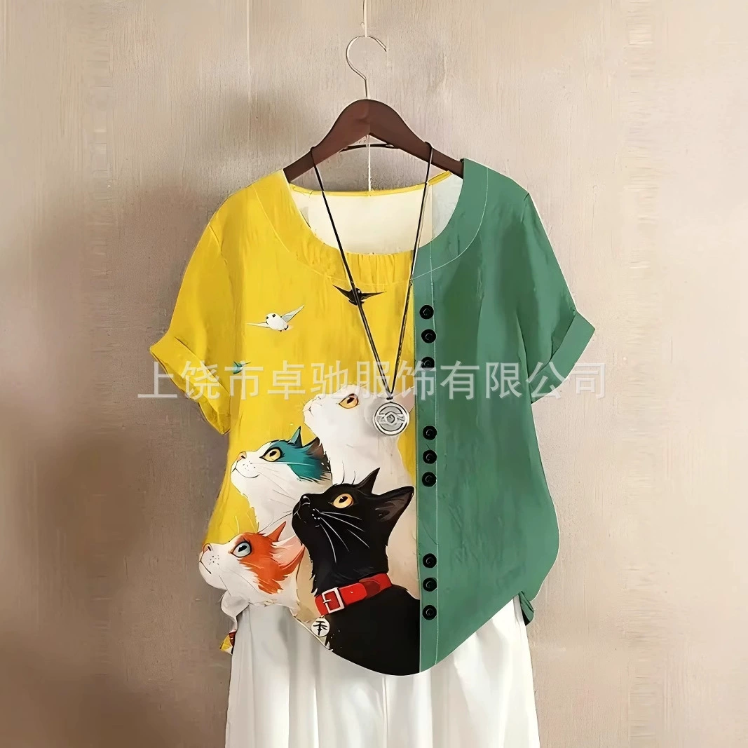 (Стиль цифровой печати) Женская летняя и осенняя повседневная свободная футболка в стиле ретро с короткими рукавами, женская футболка большого размера AMZWISH, горячий стиль