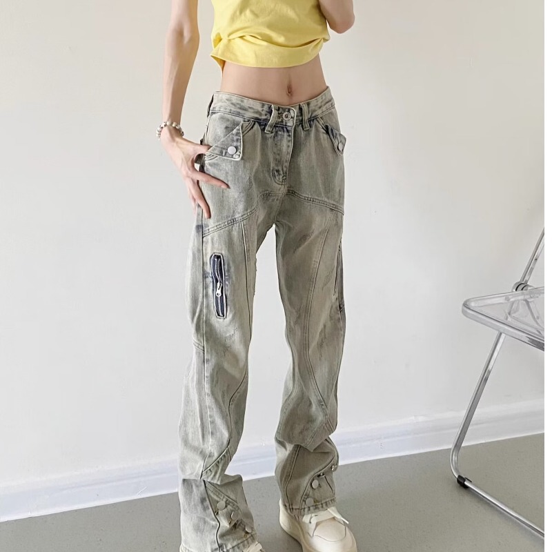 アメリカンレトロヒップホップワークウェアジーンズガールズフロアモップジッパーハイストリートヒップホップストレートマイクロフレアパンツ|undefined