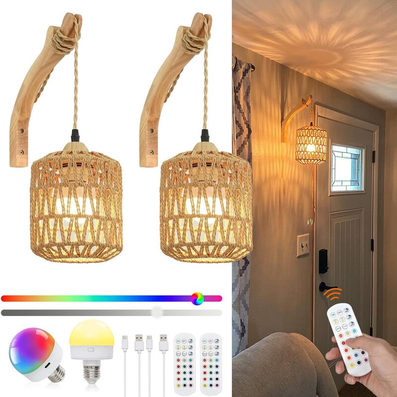Amazon Battery Wall Lamp Wireless Charging Rattan Solid Wood Wall Lamp with Remote Control Dimmable Hemp Rope Wall Lamp