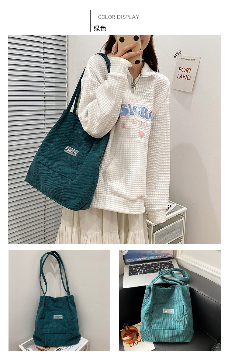 Japanese-style casual and artistic handbag, ins letter-embroidered canvas shopping bag, trendy and fashionable corduroy single-shoulder bag undefined