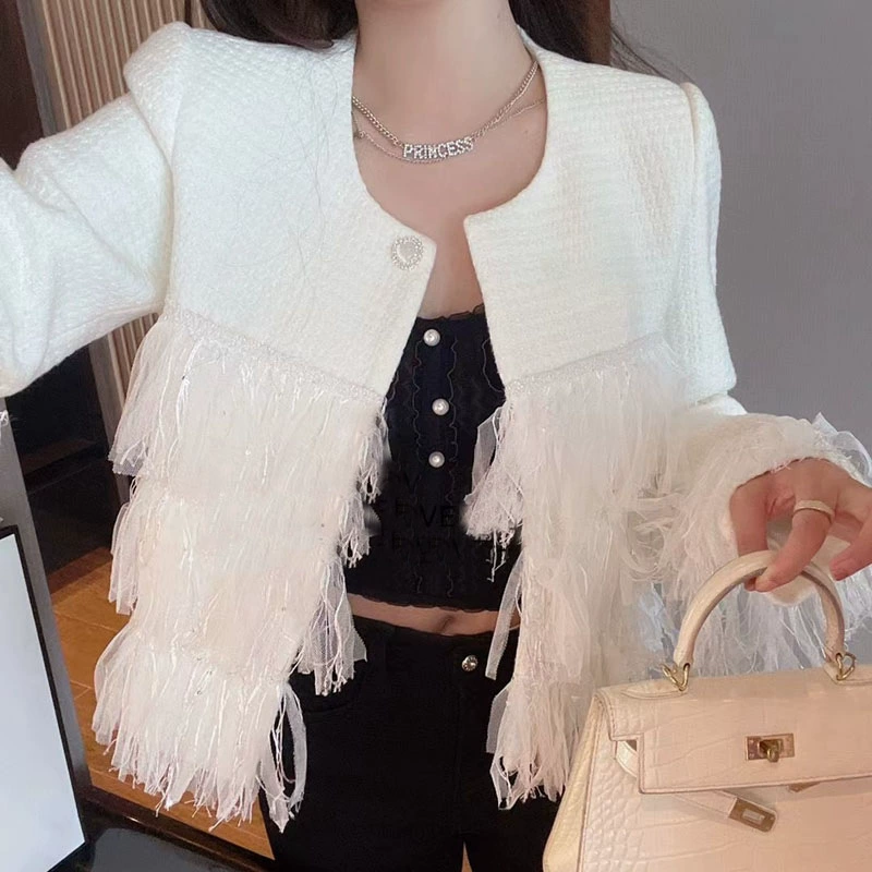 Осеннее пальто, жакет, белая водолазка с круглым воротником, стиль Chanel
