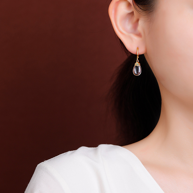Bông tai bạc S925 đính pha lê tự nhiên giọt nước phẳng phong cách retro — Mẫu kẹp tai
